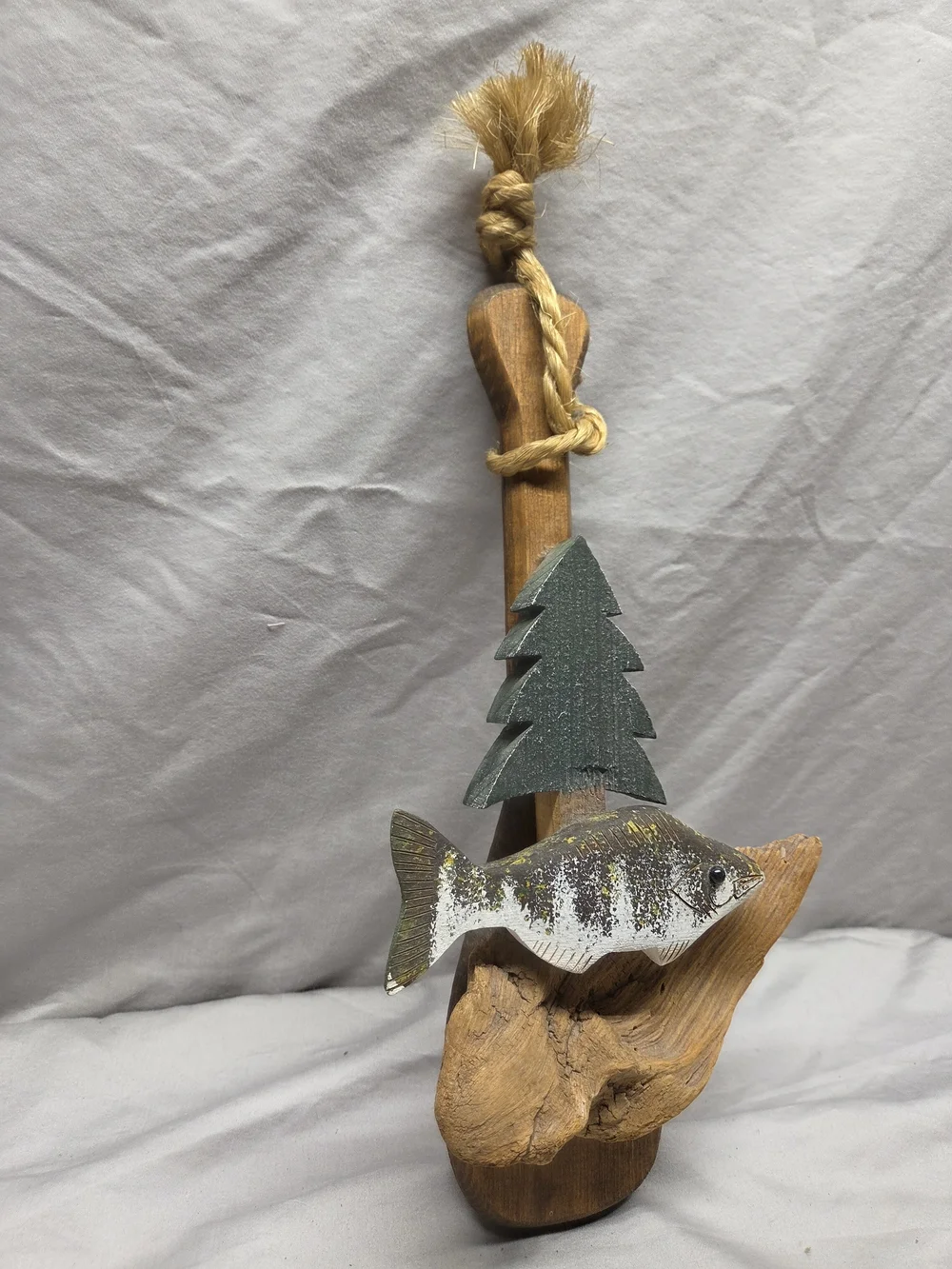 Handcrafted Driftwood Fish Ornament with Green Tree Accent